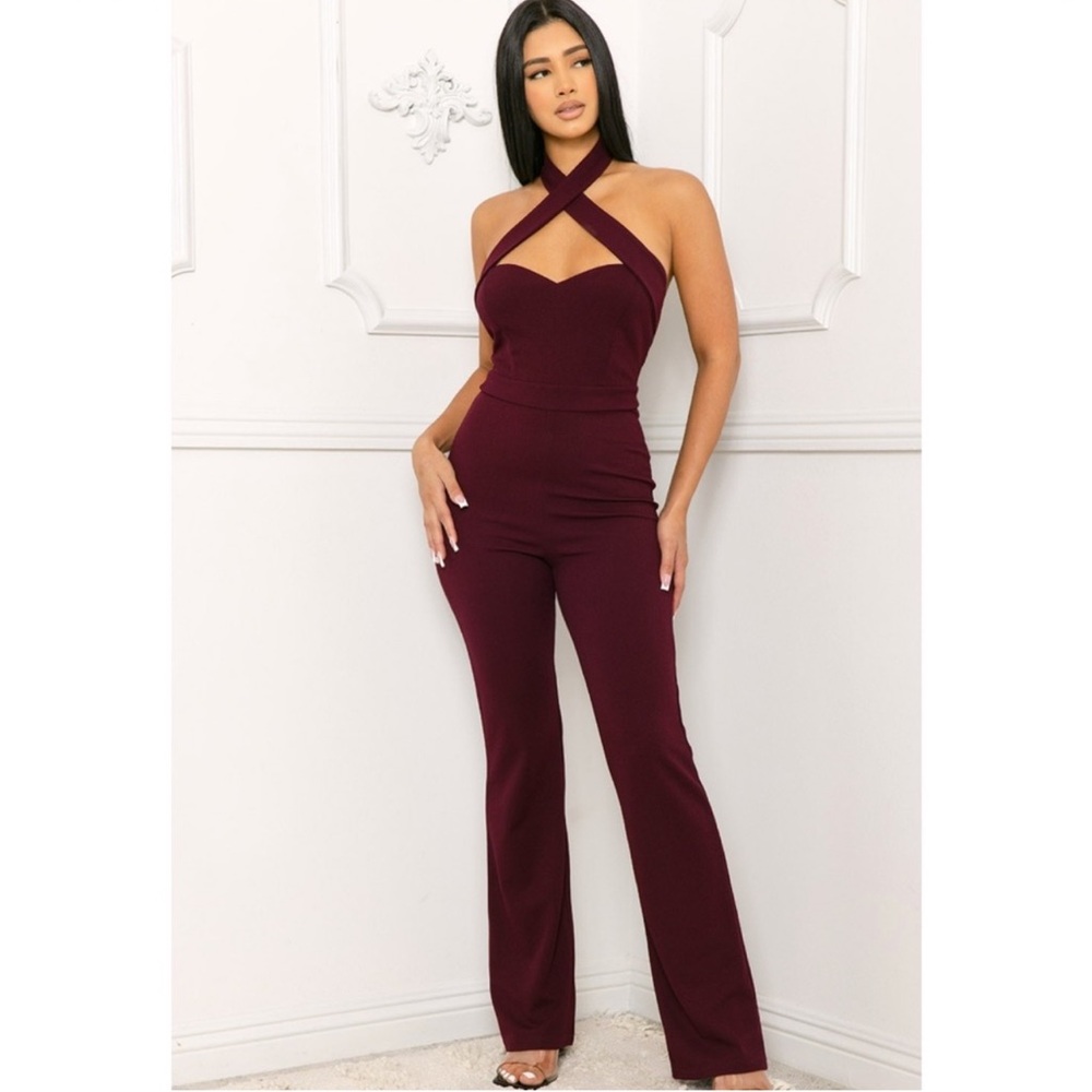 Elegant Burgundy Halter Jumpsuit